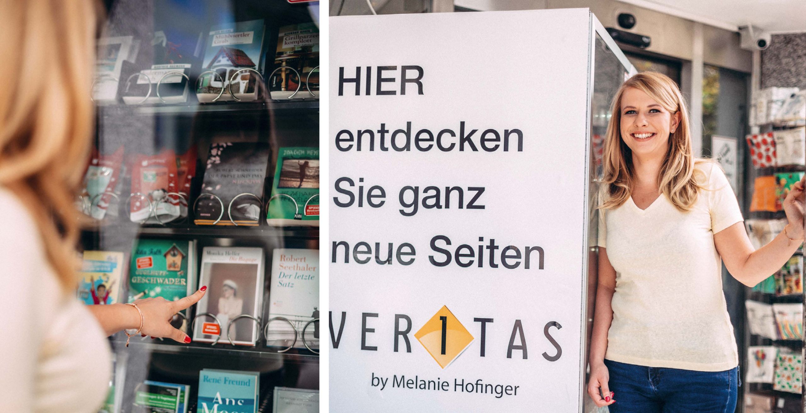 Veritas by Hofinger: Ein Buchautomat dient in der Veritas Buchhandlung von Melanie Hofinger (Foto) seit Anfang August als Eyecatcher und Stadtgespräch. Das Geschäft in der oberösterreichischen Landeshauptstadt Linz hat Hofinger 2019 von der Cornelsen-Tochter Veritas Verlag gekauft. Es folgten die Zweigstelle Meritas (130 qm) im Stadtteil Solar City und die Buchhandlung Neugebauer (130 qm). Diesen Herbst eröffnet Hofinger noch zwei weitere Buchhandlungen in Mauthausen (300 qm) und Lambach (130 qm). Kontakt: veritas-hofinger.com (Fotos: Veritas by Hofinger)
