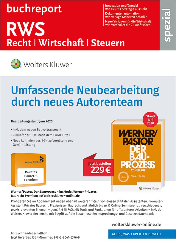 Die RWS-Spezialisten im Blick: Das buchreport.spezial Recht Wirtschaft Steuern nimmt zweimal im Jahr den Fachinformationsmarkt in den Blick. Die nächste Ausgabe erscheint am 31.10. als Beilage des buchreport.magazins 11/2020. Das E-Paper ist bereits am Vortag verfügbar.