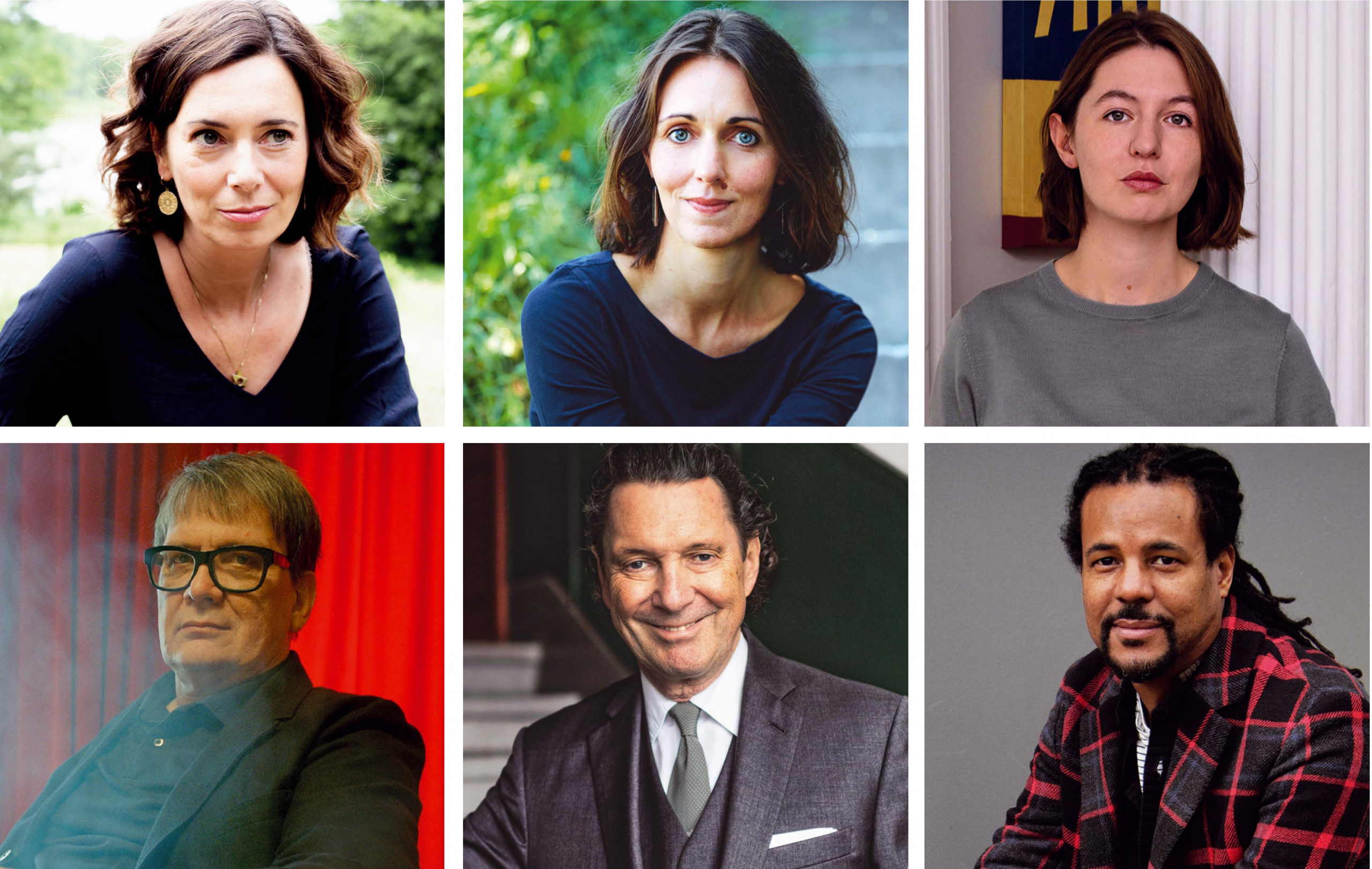Eva Menasse, Daniela Krien, Sally Rooney, Sven Regener, Martin Suter, Colson Whitehead (Fotos: Jörg Steinmetz; Maurice Haas/Diogenes; Kalpesh Lathigra; Carlotte Goltermann; Urs Jaudas; Peter-Andreas Hassiepen)