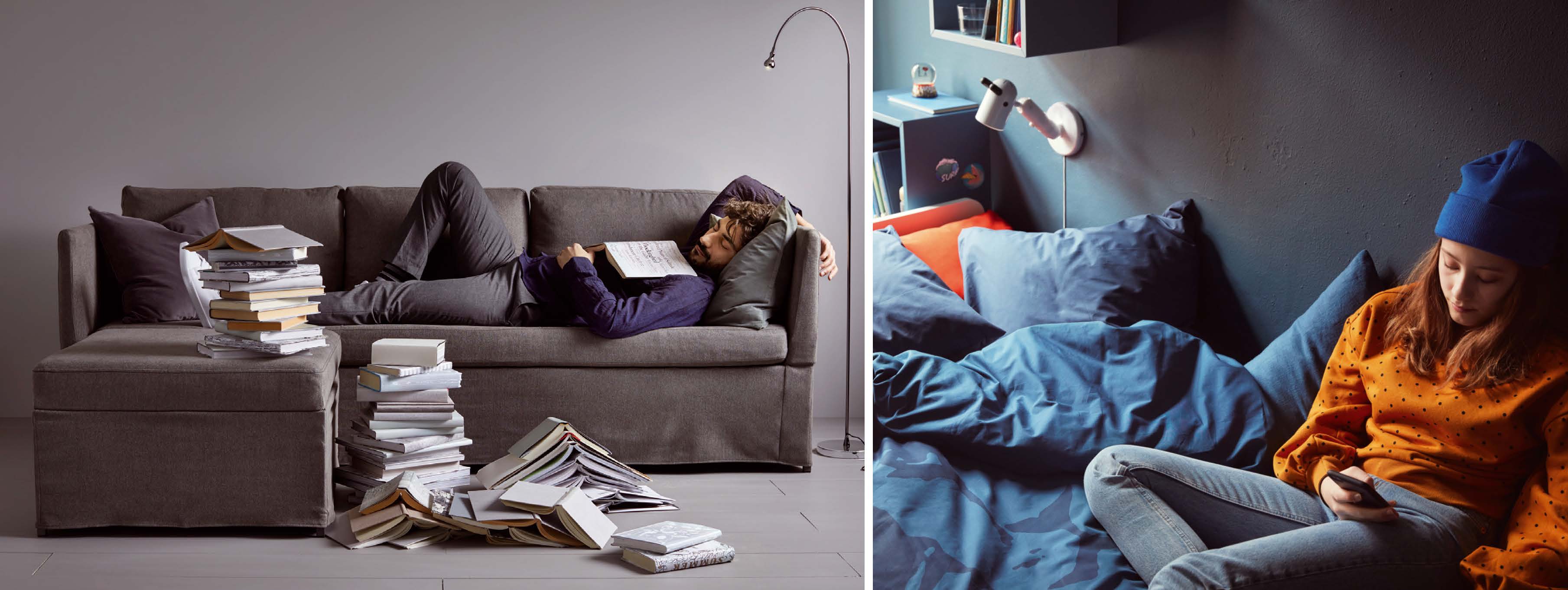 Medienkultur im Spiegel des Ikea-Katalogs: Bücher machen sich als Teil der Wohnkultur im neuen Ikea-Katalog 2019 anders als in früheren Jahren rar. Ausnahmen wie die Sofa-Inszenierung (l.) gemahnen eher an das verunglückte Motto der Branchenmarketingkampagne „Vorsicht Buch“. Die Jugendzimmer-Szene (r.) illustriert anschaulich die Medienkonkurrenz. (Fotos: Inter IKEA Systems B.V.)