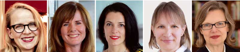 Frauen an der Spitze: Julia Claren (Ullstein), Kerstin Gleba (KiWi) und Paulette Lamber (Athesia) haben in den vergangenen 12 Monaten Geschäftsführungspositionen in großen Verlagen übernommen. Ganz frisch seit April dabei als vierte Geschäftsführerin (neben drei Männern) ist Doris Wiedemann bei GeraNova Bruckmann. Und Siv Bublitz tritt bei S. Fischer zum 1. Juni die Nachfolge von Jörg Bong als verlegerische Geschäftsführerin an (v.l., Fotos: BVMI; Melanie Grande; Athesia; GeraNova Bruckmann; Kai Bublitz) Chefsessel in Verlagen zunehmend weiblich besetzt