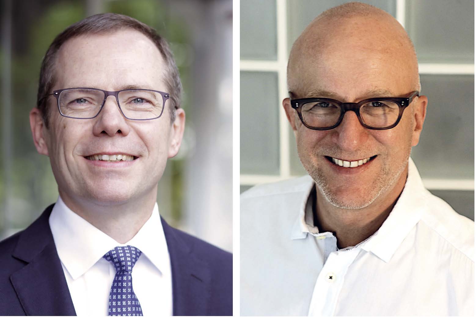 Wollen Fachkräfte langfristig an den Verlag binden: Dr. Christian Kopp (l.) ist seit 2018 als Mitglied der Geschäftsleitung bei C.H. Beck für den kaufmännischen Bereich verantwortlich. Hannes Mühldorfer ist seit 2012 Personalleiter und seit 2017 zudem Lehrbeauftragter Arbeitsrecht an der KSH München/Benediktbeuren. (Fotos: privat)