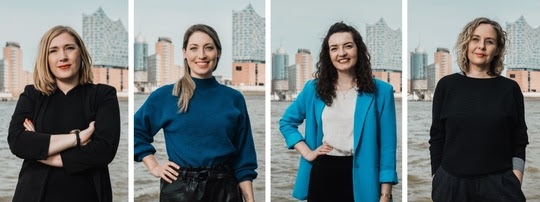 Mareike Dietzel, Sarah Fußhoeller, Louisa Förster und Anna Martynenko unterstützen Hörbuch Hamburg.